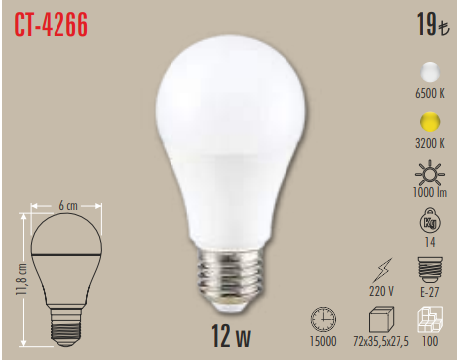 CATA 12 WATT LED AMPÜL CT-4266 BEYAZ IŞIK