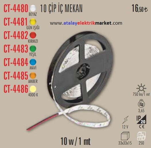 10 Çip İç Mekan Şerit Led 5 mt. Günışığı CATA CT-4481